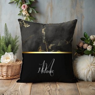 Black grey marble gold monogram Throw Pillow