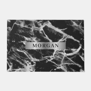 Black & Grey Marble, Name on Silver Band Doormat