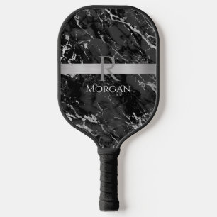 Black & Grey Marble, Silver Bar, Name & Monogram Pickleball Paddle