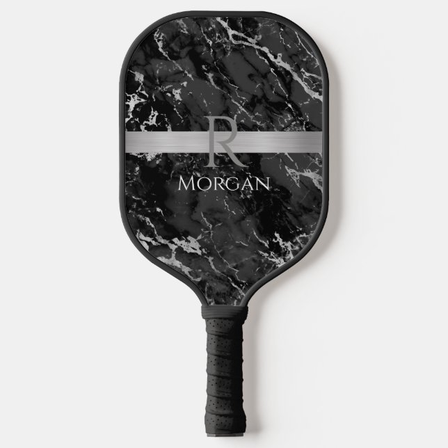 Black & Grey Marble, Silver Bar, Name & Monogram Pickleball Paddle (Front)