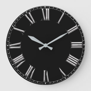 Black Grey Metal Minimal Silver Roman Numbers Lux Large Clock