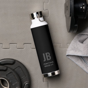 Black Grey Minimalist Two Letter Monogram Name Water Bottle