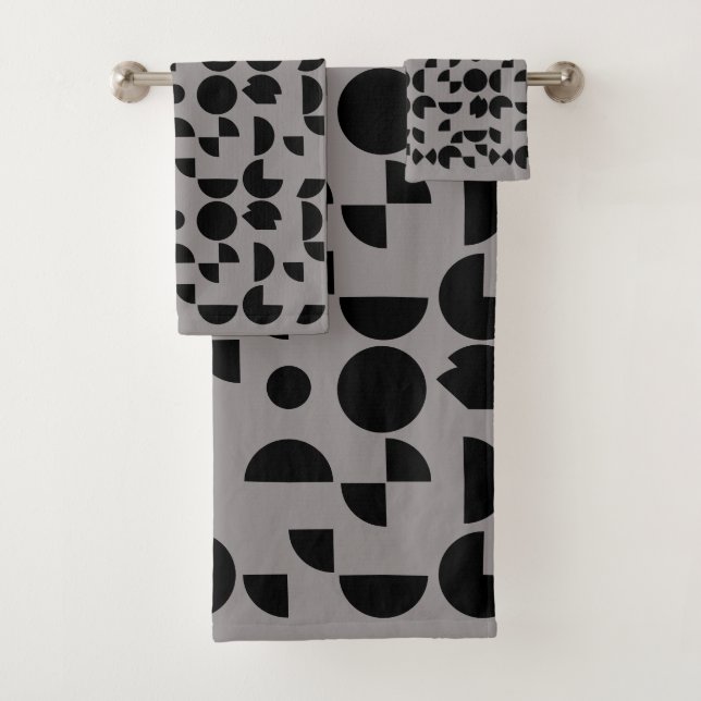 Black Grey Modern Elegant Geometric Tribal Bath Towel Set (Insitu)