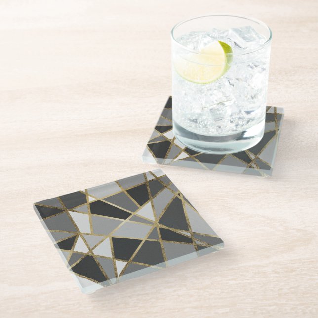 Black & Grey Modern Geo Gold Triangles Glass Coaster (Angled)