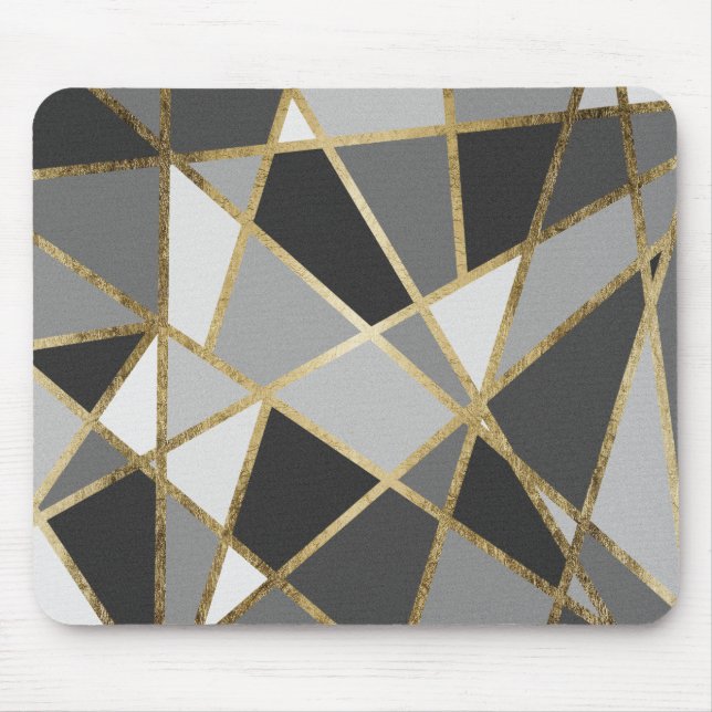 Black & Grey Modern Geo Gold Triangles Mouse Pad (Front)