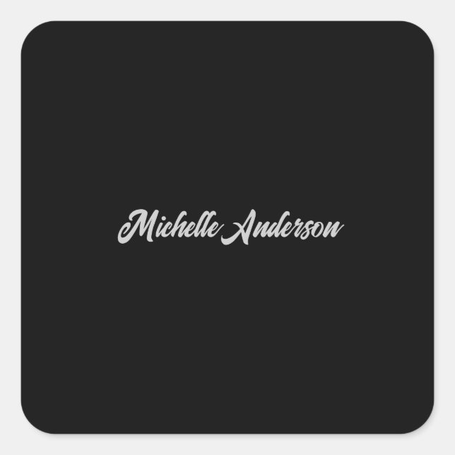 Black Grey Modern Minimalist Handwriting Name Square Sticker (Front)