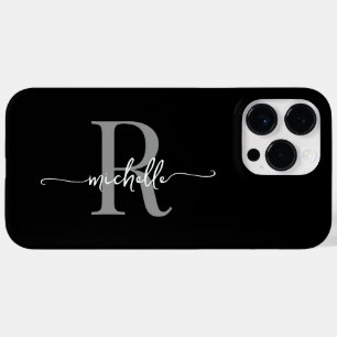 Black Grey Modern Stylish Script Monogram Initial Case-Mate iPhone 14 Pro Max Case