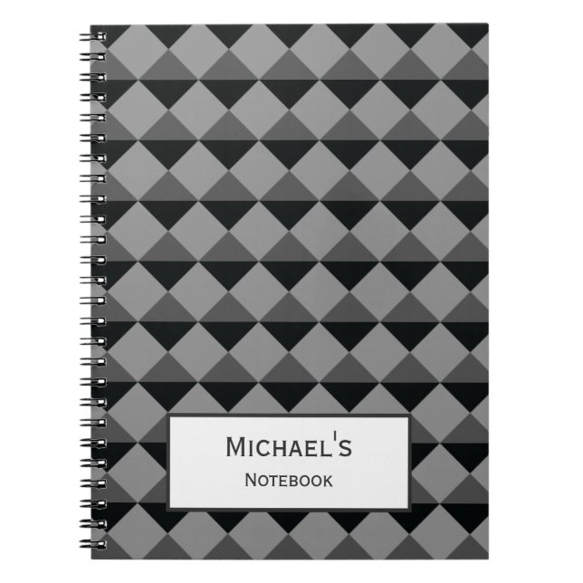 Black Grey Modern Trendy Diamond Triangle Pattern Notebook (Front)