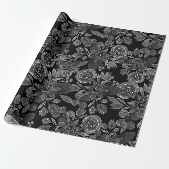 Black Grey Monochrome Watercolor Floral Leaves Wrapping Paper (Unrolled)