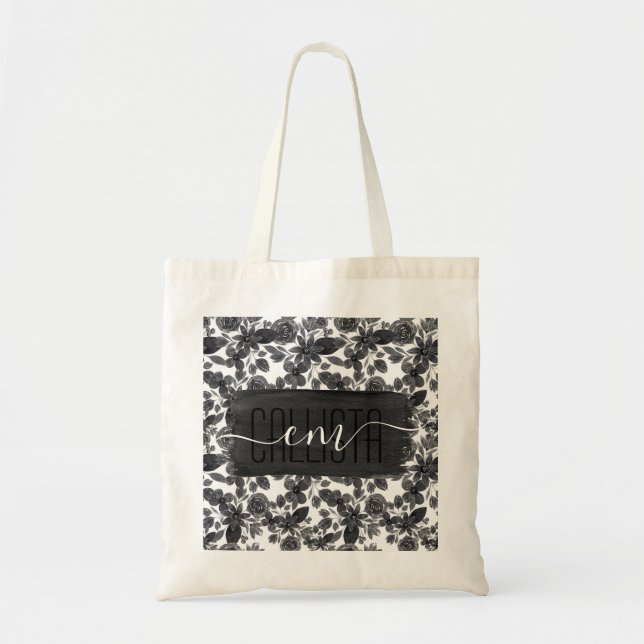 Black Grey Monochrome Watercolor Flower Leaves Tote Bag (Front)