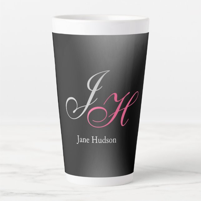 Black Grey Monogram Name Initial Letters Script Latte Mug (Front)