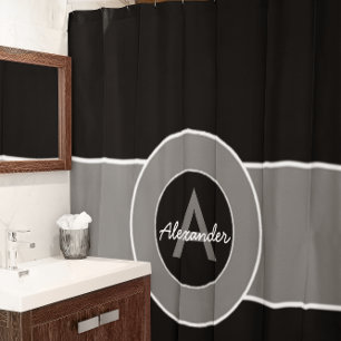 Black Grey Monogram Personalised Shower Curtain