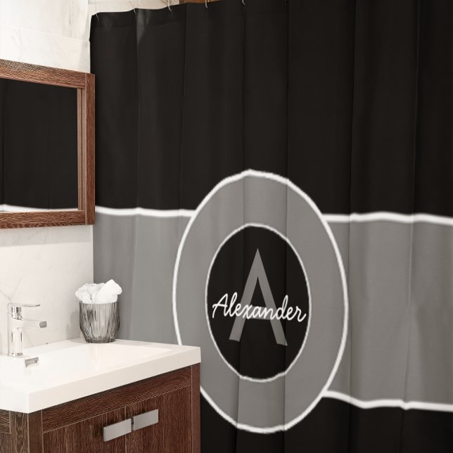 Black Grey Monogram Personalised Shower Curtain (Creator Uploaded)
