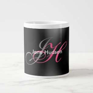 Black Grey Monogram Simple Plain Special Gift Large Coffee Mug