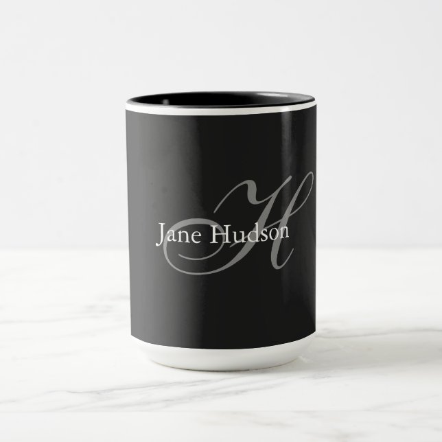 Black Grey Monogram Simple Plain Special Gift Mug (Center)