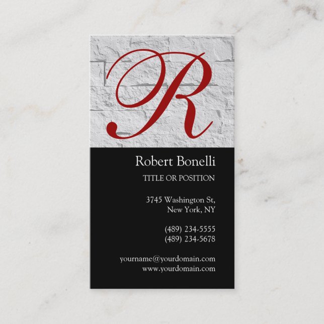 Black Grey Monogram Wall Brick Business Card (Front)