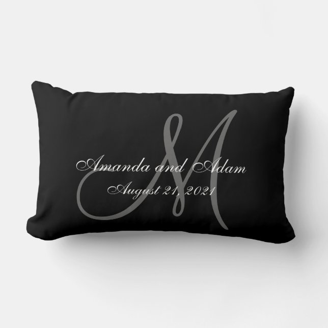 Black Grey Monogram Wedding Lumbar Cushion (Front)
