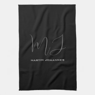 Black Grey Monogrammed Name Modern Minimalist Chic Tea Towel