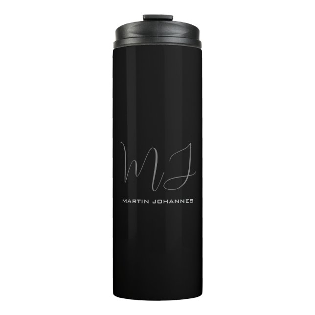 Black Grey Monogrammed Name Modern Minimalist Chic Thermal Tumbler (Front)