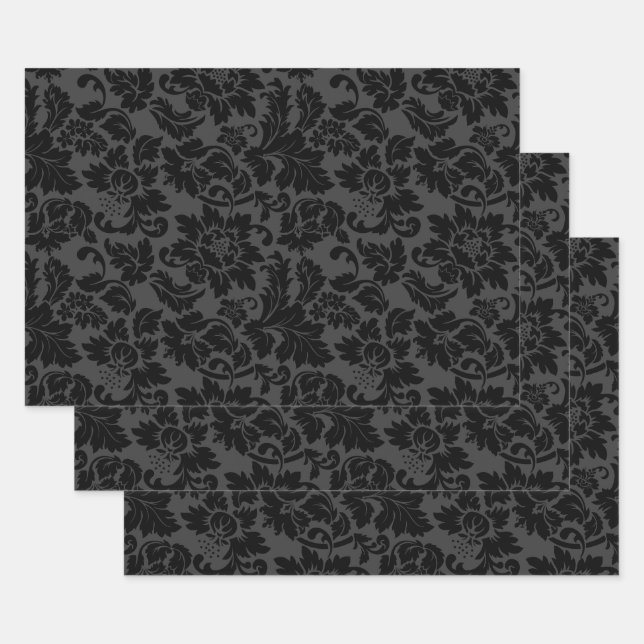 Black & Grey Monotones Floral Damask Wrapping Paper Sheet (Set)