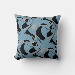 Black Grey Muted Blue Swirling Art Circles Motif Cushion