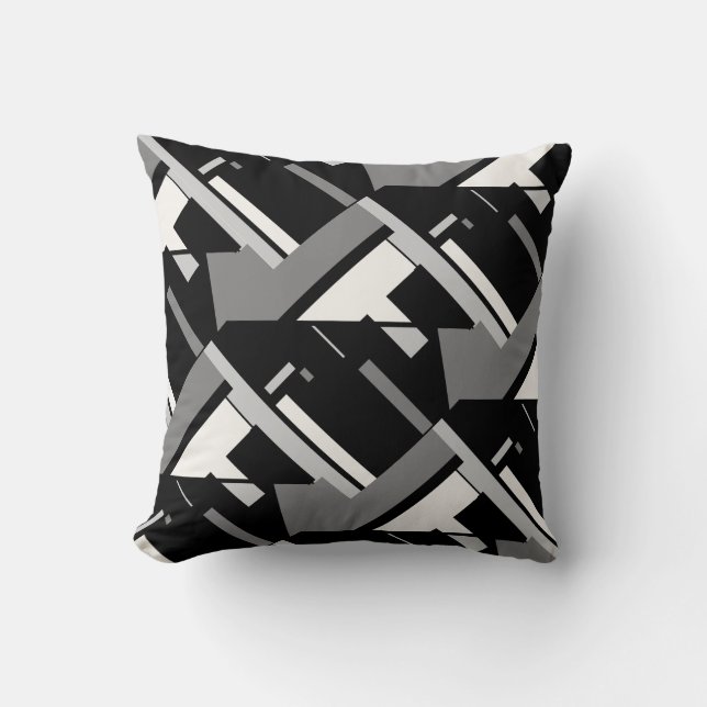 Black Grey Off-white Tiled Diagonal Abstract Art Cushion (Front)