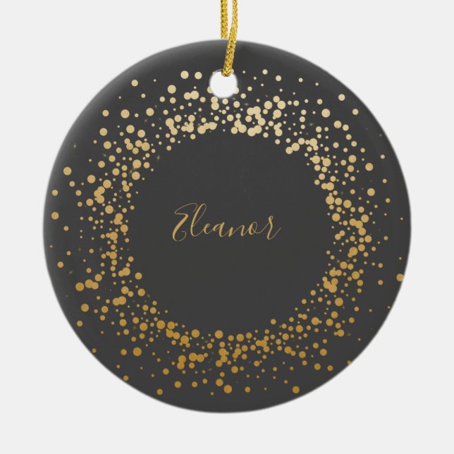 Black Grey Ombre Gold Confetti Dots Personalised   Ceramic Ornament (Front)