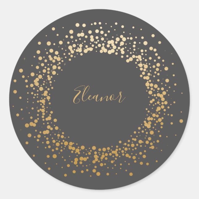 Black Grey Ombre Gold Confetti Dots Personalised  Classic Round Sticker (Front)