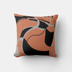 Black Grey on Burnt Orange Swirling Abstract Motif Cushion