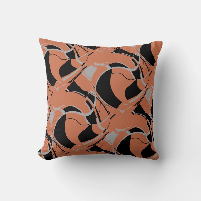 Black Grey on Burnt Orange Swirling Large Tiles Cushion (Front)