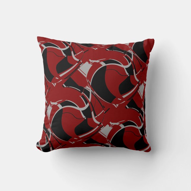 Black Grey on Dark Red Swirling Art Circle Tiles Cushion (Front)