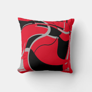 Black Grey on Red Swirling Art Design MCM Look Cushion