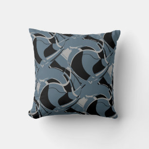 Black Grey on Slate Blue Swirling Art Circles Moti Cushion