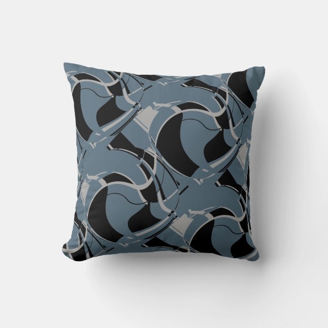 Black Grey on Slate Blue Swirling Art Circles Moti Cushion (Front)