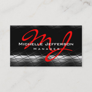 Black Grey Pattern Red Monogram Business Card