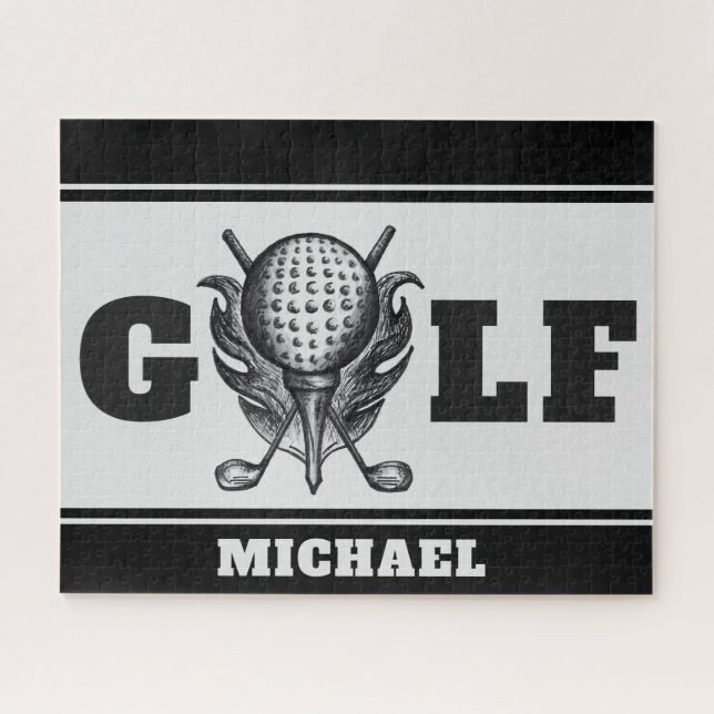 Black Grey Personalised GOLF Ball Tee Clubs Sports Jigsaw Puzzle (Horizontal)
