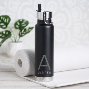 Black Grey Personalised Modern Simple Monogram Water Bottle