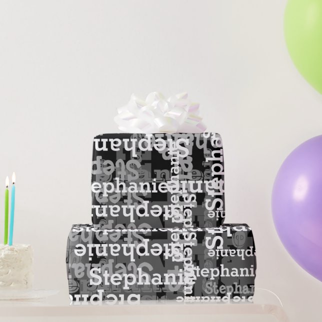 Black/Grey Personalised Name Collage Birthday Wrapping Paper (Party Gifts)