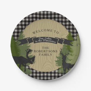 Black Grey Plaid Cabin Rustic Hunting Deer Antler Paper Plate