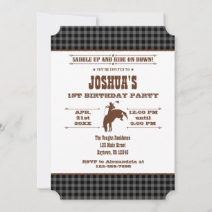 Black Grey Plaid Cowboy Rodeo Birthday Invitation