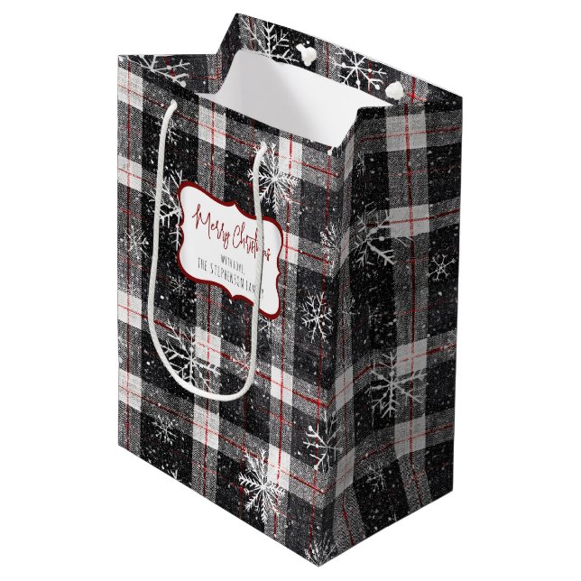 Black Grey Plaid Snowflakes Personalised Medium Gift Bag (Front Angled)