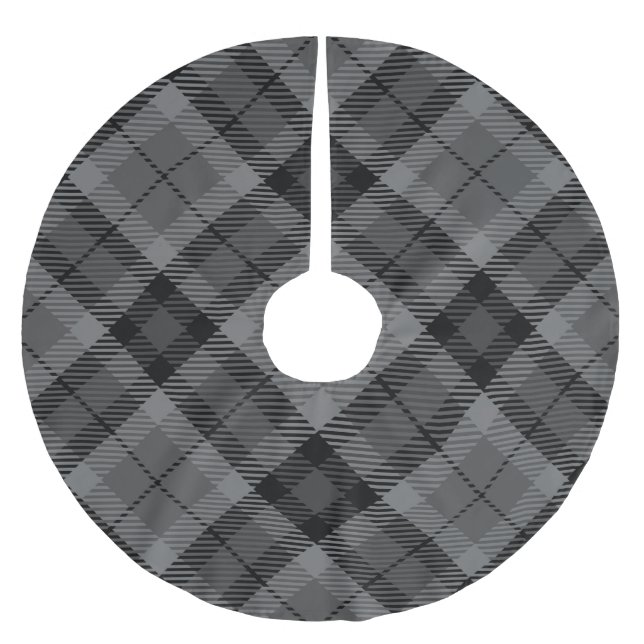 Black Grey Plaid Stripes Tartan Pattern Brushed Polyester Tree Skirt (Front)