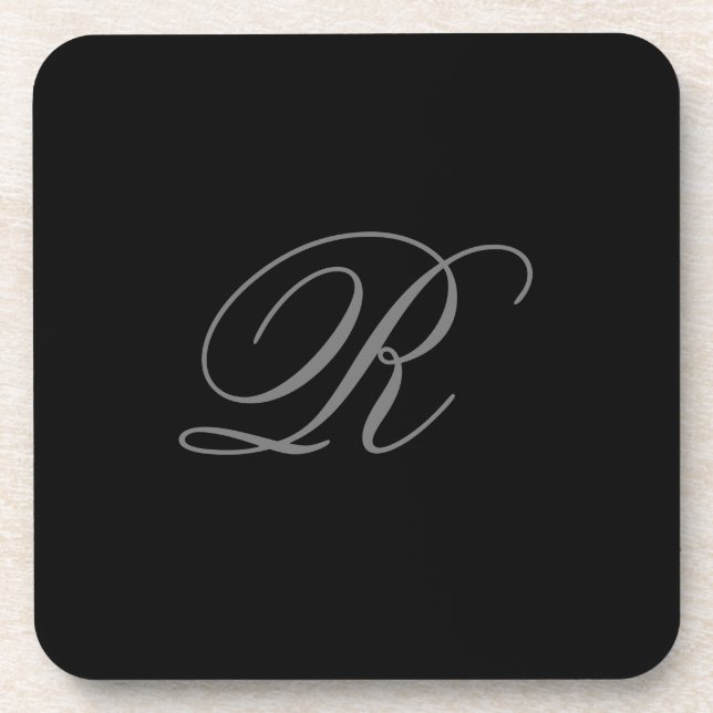 Black Grey Plain Minimalist Add Initial Monogram Coaster (Front)