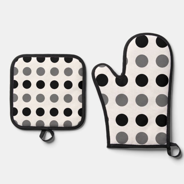 Black Grey Polka Dot  Oven Mitt & Pot Holder Set (Front)