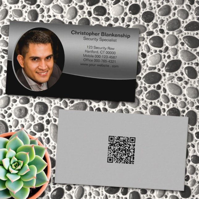 Black & Grey Professional Custom Photo QR Code Business Card (Custom photo template business card front and back)