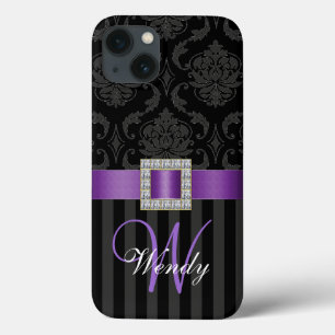 Black Grey Purple Damask Stripes Pattern iPhone 13 Case