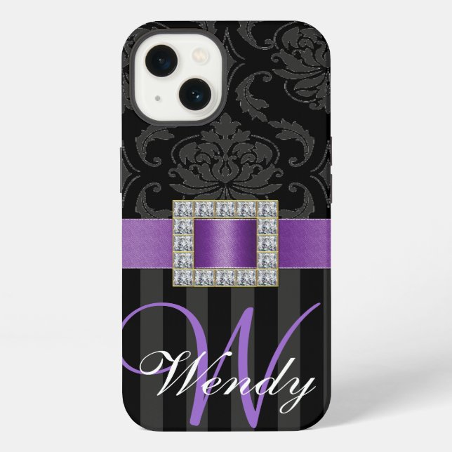 Black Grey Purple Damask Stripes Pattern iPhone Case (Back)