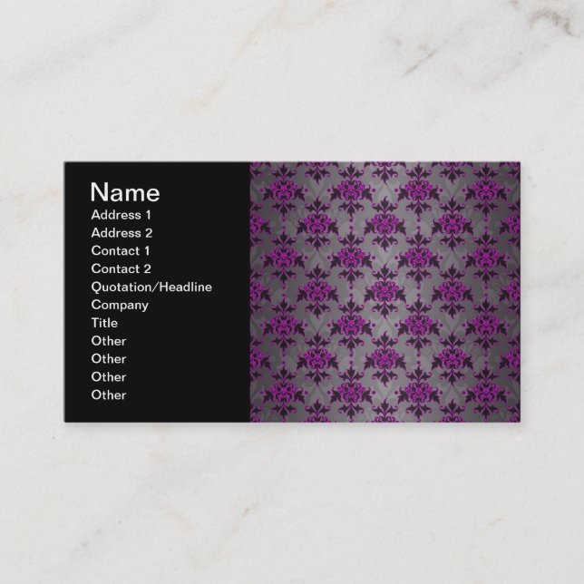 Black Grey Purple Victorian Damask Pattern Business Card (Front)