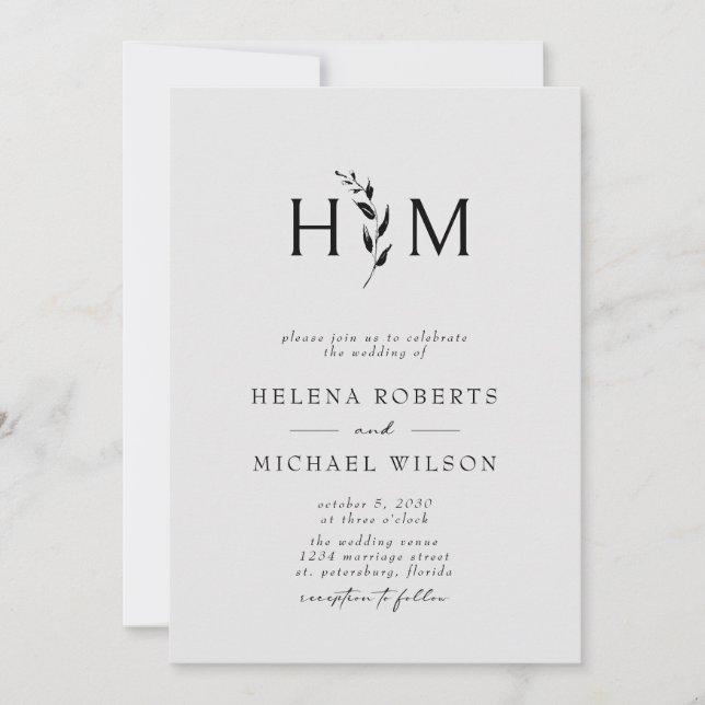 Black Grey QR Code RSVP Botanical Monogram Wedding Invitation (Front)