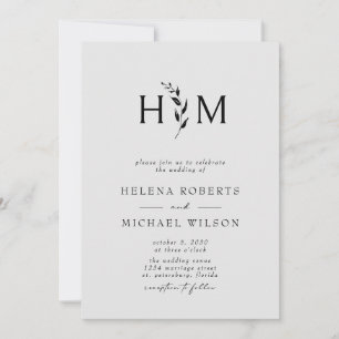 Black Grey QR Code RSVP Botanical Monogram Wedding Invitation